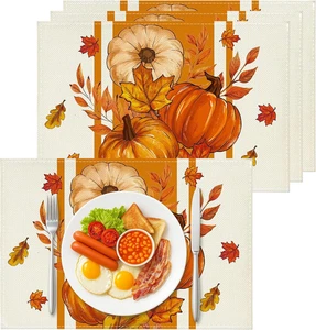 Set tovagliette autunnali foglie d'acero zucche arancioni 4,12 x 18 pollici plaid luogo caduta - Foto 1 di 12