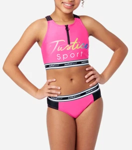 JUSTICE Girls Swimsuit Tankini Swim Tank Bikini 12 14 16 18 L XL Pink Logo NWT - Picture 1 of 4