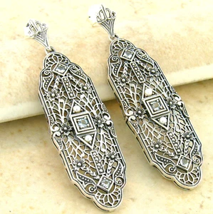GENUINE AQUAMARINE & PEARL 925 STERLING SILVER VINTAGE STYLE EARRINGS #659 - Picture 1 of 1
