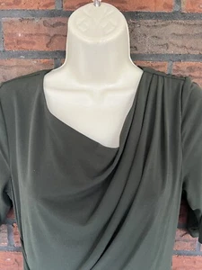 Olive Green Sheath Dress Sz 8 Ruched Sides Stretch Pullover Drape Neck Body Slim - Picture 1 of 12