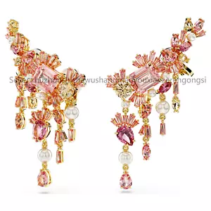 New Gema clip earrings Mixed cuts, Chandelier, Flower, Pink, Gold-tone plated - Picture 1 of 5