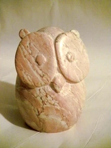 SIMPLE CARVED OWL FIGURINE 2.75" BEAUTIFUL PINK SWIRL STONE EGG SHAPED HEAVY - Picture 1 of 8