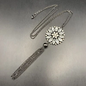 Flower Tassel Pendant Necklace Gunmetal Clear Rhinestone Long Boho Statement - Picture 1 of 6