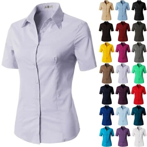 Womens Button Down Shirt Basic SLIM FIT Simple Short Sleeve Collared S010 - Picture 1 of 95