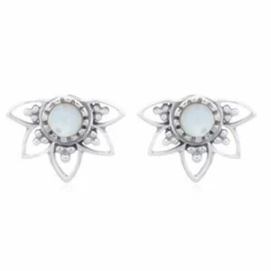 925 Sterling Silver Mother Of Pearl Lotus Flower 3 Bean Dot Round Stud Earrings - Picture 1 of 2