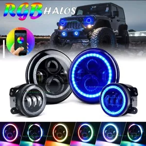 7'' LED RGB Halo Headlights Fog Light Combo Kit for Jeep Wrangler JK APP 2007-18 - Bild 1 von 12