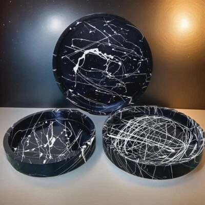 木制咖啡桌服务托盘 3 件套杯垫树脂艺术黑色万圣节礼物 — 第 1/4 张图片