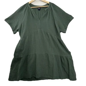 Gap Gauze Tiered Dress Womens XXL Jade Green Short Sleeve Pockets Crinkled - Picture 1 of 12