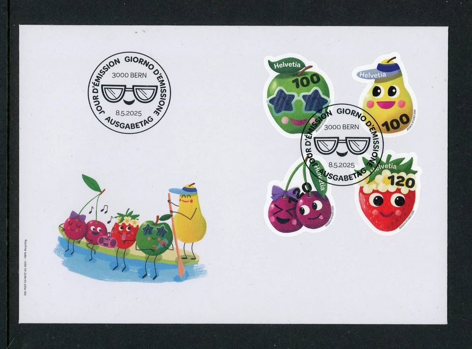 Estampillas de frutas de verano Suiza 2025 4v FDC en formas extrañas inusuales Foto 1 de 1