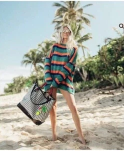 Henri Bendel New York - Canvas Striped Large Cabana Tote Beach Bag Black & White - Picture 1 of 22