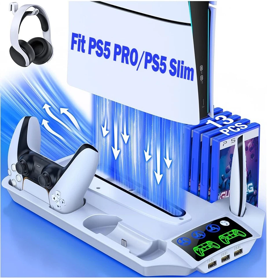 ESYWEN für PS5 Pro/PS5 Slim&Disc Controller Ladestation Mit Lüfter Vertikaler Standfuß