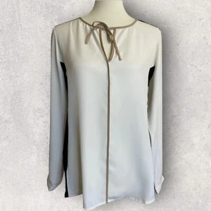 Ann Taylor Shirt Womens 6 White Black Tan Trim Color Block Keyhole Tie Neckline - Picture 1 of 9