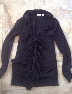 John Paul Richard Sz M Black Cardigan Open Front Knit Rolled Ruffle Hem Sweater - Picture 1 of 9