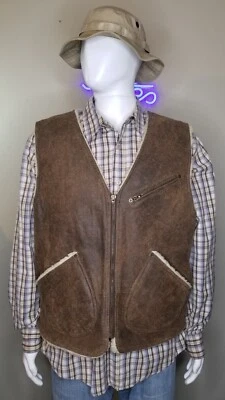 Vintage Men's Winlit 1969 Leather Sherpa Wool Plaid Military Cold Weather Vest - Image 1 of 4