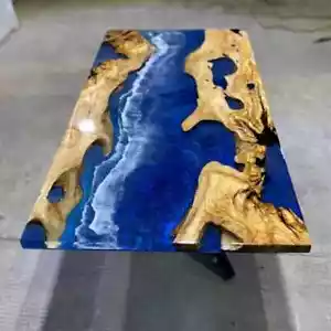 Blue Epoxy Resin Live Edge Dining Table, Resin Counter Wooden Table Decor - Picture 1 of 7