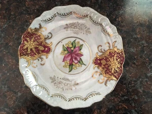 VINTAGE LM ROYAL HALSEY SEHR FEINE PORZELLAN UNTERTASSE FLORAL/GOLD - Bild 1 von 2