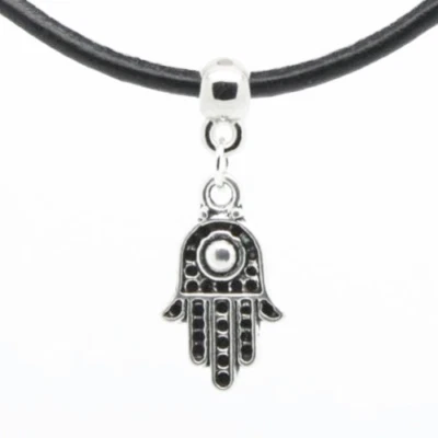 Collana MANO DI FATIMA Argento Portafortuna corda nera tipo caucciu Uomo e Donna - Immagine 1 di 4