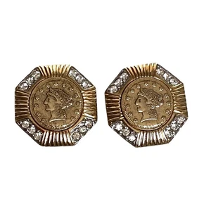 Vintage Gold Tone Coin Clip On Earrings Rhinestone Accent Octagon Statement - Picture 1 of 5