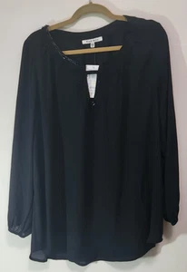 Black Rainn Damen schwarz Langarm Perlen Schlitz Ausschnitt Bluse Größe 1X-Neu mit Etikett - Bild 1 von 10