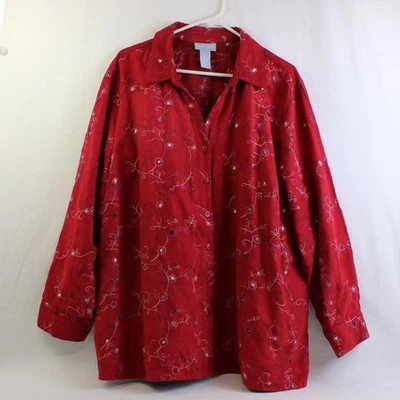 Liz & Me Floral Embroidered Red Button-Up Women's Size 2X 22/24 - Изображение 1 из 4