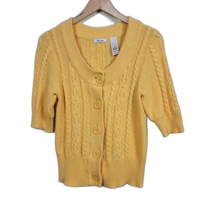 Liz & Co Cable Knit Cropped Cardigan Yellow Women Size M Button Down Cotton - Picture 1 of 10