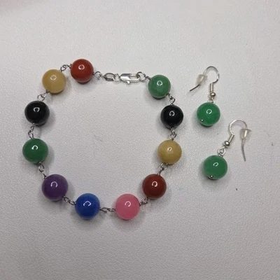 925 Sterling Silver Jadeite Multi Color Stone Ball Bead Bracelet & Earrings  - Image 1 of 4