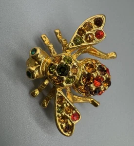 Joan Rivers Green Eyes Red Brown Yellow Crystals Gold Tone Bee Small Brooch Pin - Picture 1 of 12