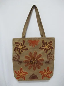 (1) NWOT Brown/Orange Floral Spiral Suede Feel Embroidery Zip Top Tote FREE SHIP - Picture 1 of 8