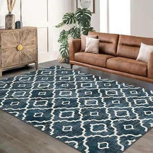 Large Geometric Blue Area Rug 8x10 Ft For Living Room Modern Under 100 Clearance - Picture 1 of 8