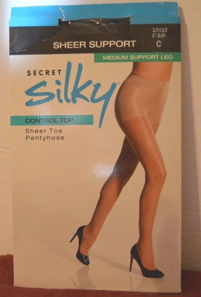 Secret Silky Control Top Sheer Toe Pantyhose Firm Support Size D Jet Black 10411