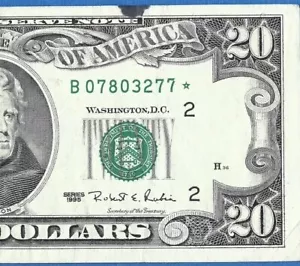 1995 $20 Federal Reserve Star Note Twenty Dollar Bill B07803277* Lightly Circ - Picture 1 of 5