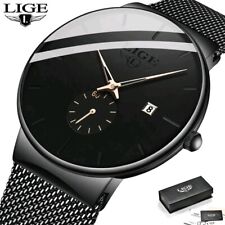 Mens Black Luxury Watch LIGE Chronograph Quartz Stainless Steel Wristwatch Boxed