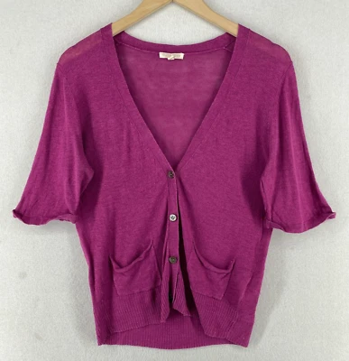 EILEEN FISHER Cardigan M 精细规格亚麻丝绸纽扣前肘袖紫色 — 第 1/4 张图片