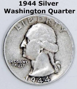 1944-P Washington Silver Quarter Dollar WAR Coin 25 Cent Fine to VF FULL MOTTO - Picture 1 of 2