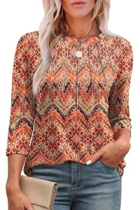 Top plisado manga 3/4 largo cuello redondo XIEERDUO, estampado-boho floral, XL - Imagen 1 de 5