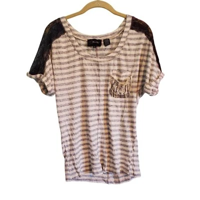 Miss Me Gray White Striped Black Lace Tee T Shirt Size Medium - Image 1 of 4