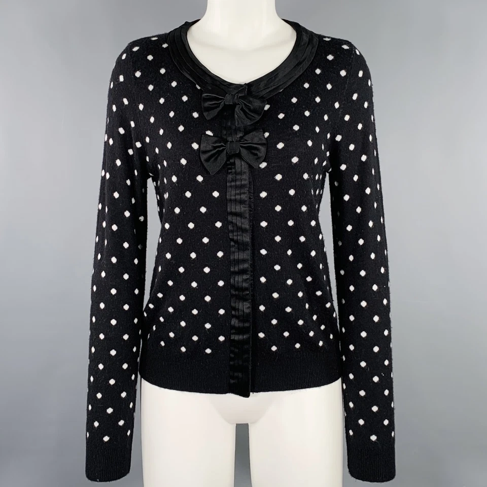 Cardigã ALICE + OLIVIA tamanho M preto branco mistura de rayon bolinhas arco - Imagem 1 de 4