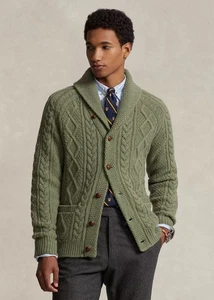 Polo Ralph Lauren Men’s Green Shawl Wool Cashmere Cable Knit Cardigan XL - Picture 1 of 14