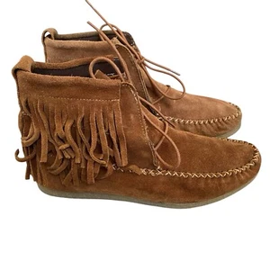Zara Trafaluc Suede Booties 8 EU 38 Brown Fringed Moccasin Lace Up - Picture 1 of 9