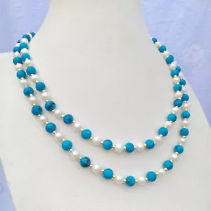 Double Strand Natural AAA Akoya White Pearl Turquoise Necklace 18" 14k Gold P - Picture 1 of 9