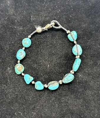 Turquoise Beaded Black Cord With Silver  Bracelet hook Clasp closure - Image 1 of 4