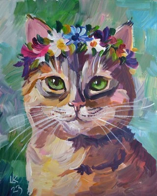 Gato con Corona de Flores Pintura Original 12x9 - Caprichoso Arte Felino Firmado Foto 1 de 4