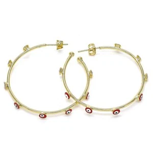 14K GOLD PLATED HOOP EARRINGS 2 X 45 MM WITH 8 RED EVIL EYES M480 - Picture 1 of 1
