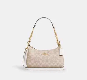 COACH Teri Shoulder Bag In Signature Canvas Gold/Sand/Chalk New Fast Shipping - Picture 1 of 6