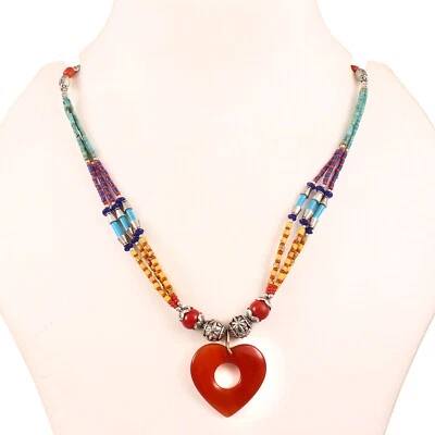 Carnelian, Coral, Amber Gemstone Tibetan 925 Sterling Silver Necklace Jewelry 18 - Image 1 of 4