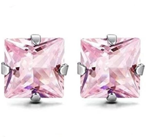 5mm Square CZ Stud Earrings, Pink Tourmaline October Birthstone, Stainless Steel - Picture 1 of 6