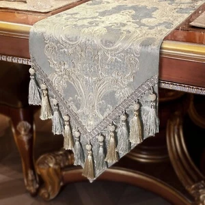 Handmade Luxury Table Runner 120 Inches - Elegant Jacquard with Beaded Tassels - Picture 1 of 9