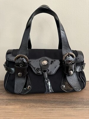 Stuart Weitzman Black Neoprene Patent Small Satchel Tassel Spain Handbag - Image 1 of 4