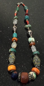 Antike Afrika Collier Kette Bernstein Koralle Türkis Achat Miniatur Perle Silber - Bild 1 von 9