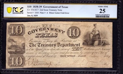 1839 $10 GOVERNMENT OF HOUSTON TEXAS TX-H17 TREASURY NOTE GUTTER FOLD PCGS VF 25 - Image 1 of 3